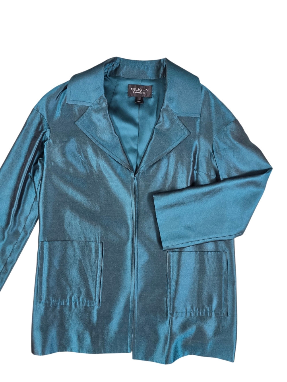 St. John Couture Teal Silk Wool Blend Jacket Open Front Shimmer Patch Pockets 4